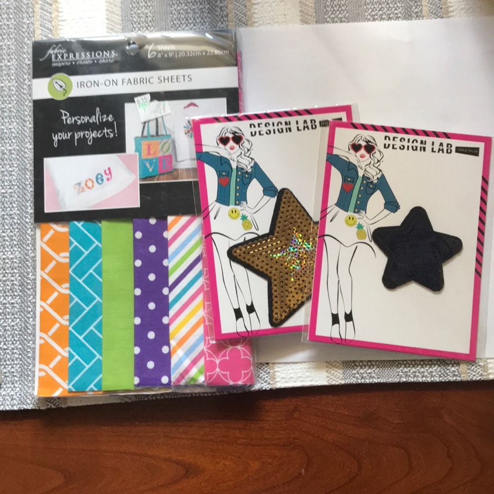 Set of iron on fabrics sheets and 2 stars, NWT
